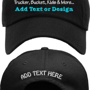 Custom Embroidered Hats Baseball Caps, Trucker, Flexfit, Fitted, Ponytail, Beanies, Kids, Bucket Front & Back (Dad Hat -Black)