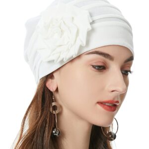 ZLYC Women Turban Beanie Hat with Flower Chemo Headwear Elastic Head Wrap Cap (Floral White)