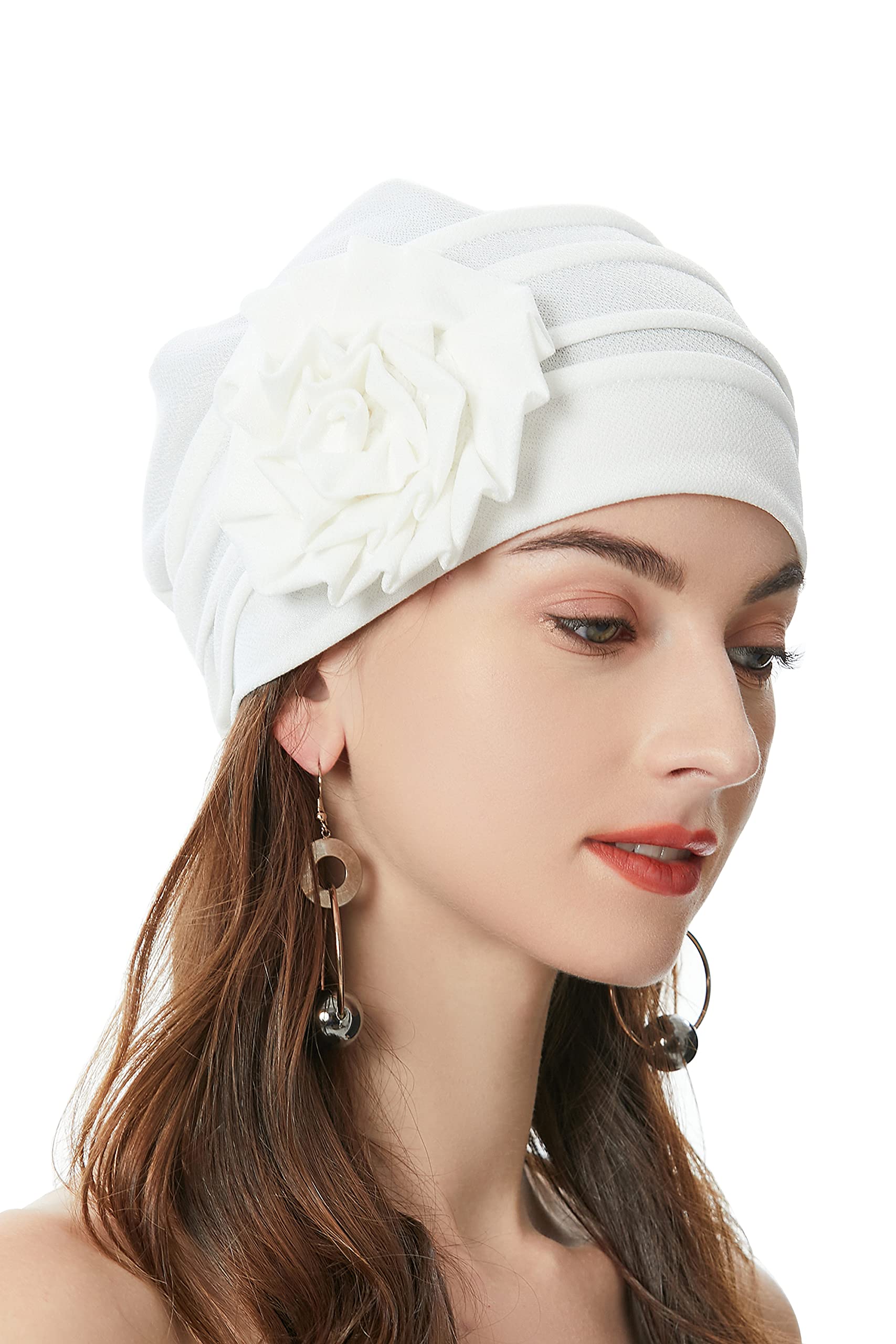 ZLYC Women Turban Beanie Hat with Flower Chemo Headwear Elastic Head Wrap Cap (Floral White)