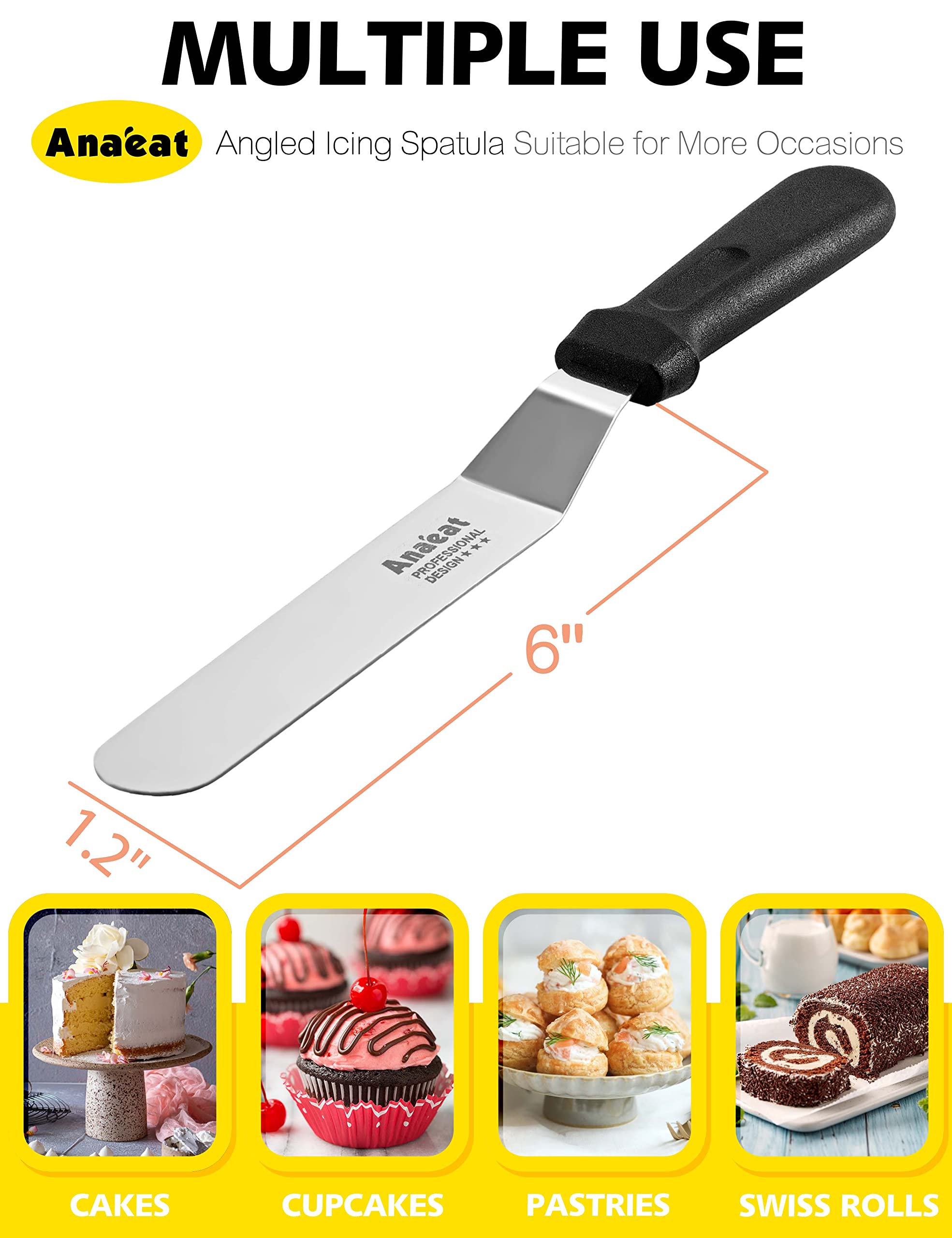 Anaeat Icing Spatula, Professional Cake Angled Offset Spatula with 6" Stainless Steel Blade - Thickened Frosting Knife with Durable Plastic Handle for Cake Decorating, Pastry & Baking