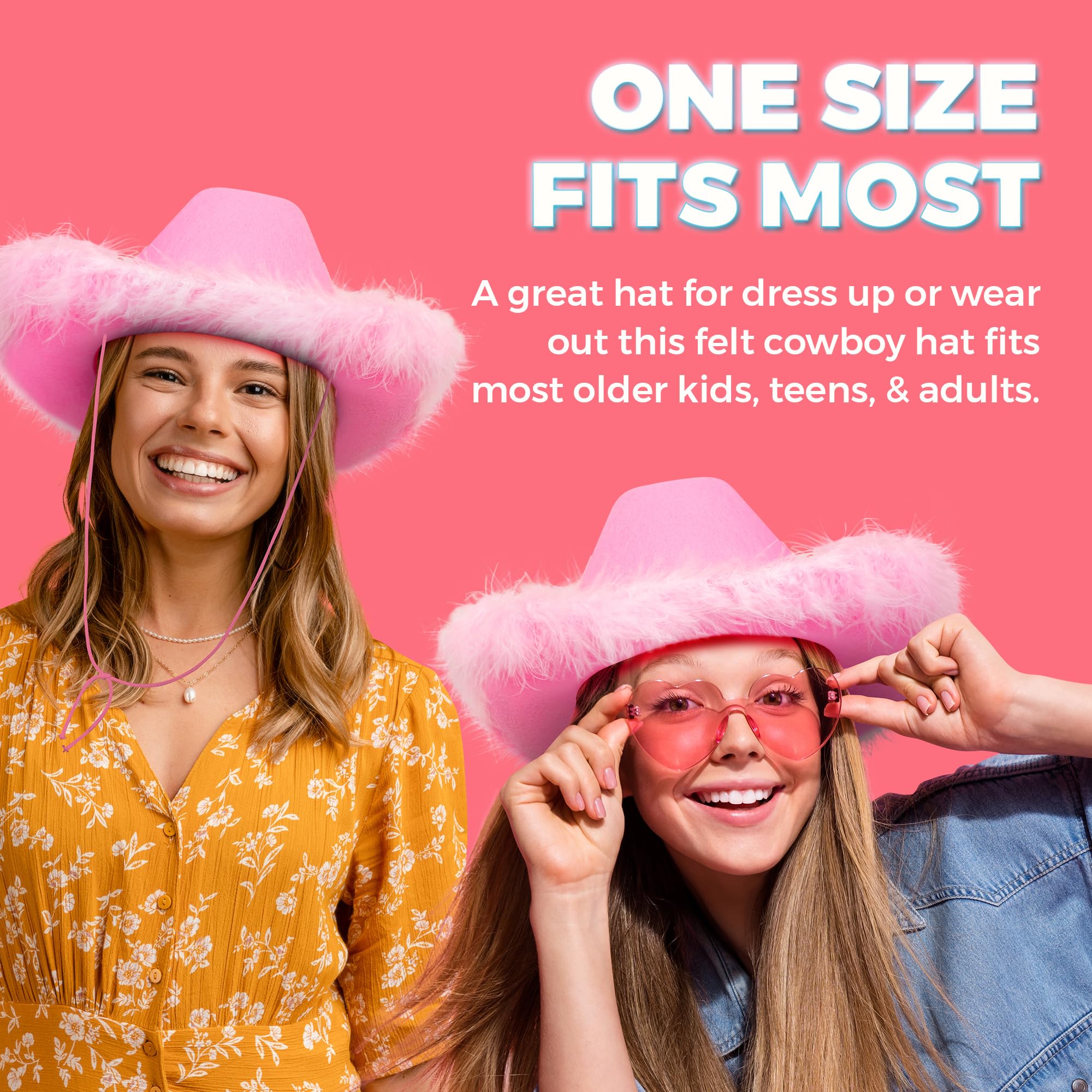 Pink Cowgirl Hat with Feather Boa - Cowboy Hat for Women, Teenage Girls with Fluffy Feather Brim for Bachelorette, Theme Costume Party, Role-Playing Dress-Up, Adult Size