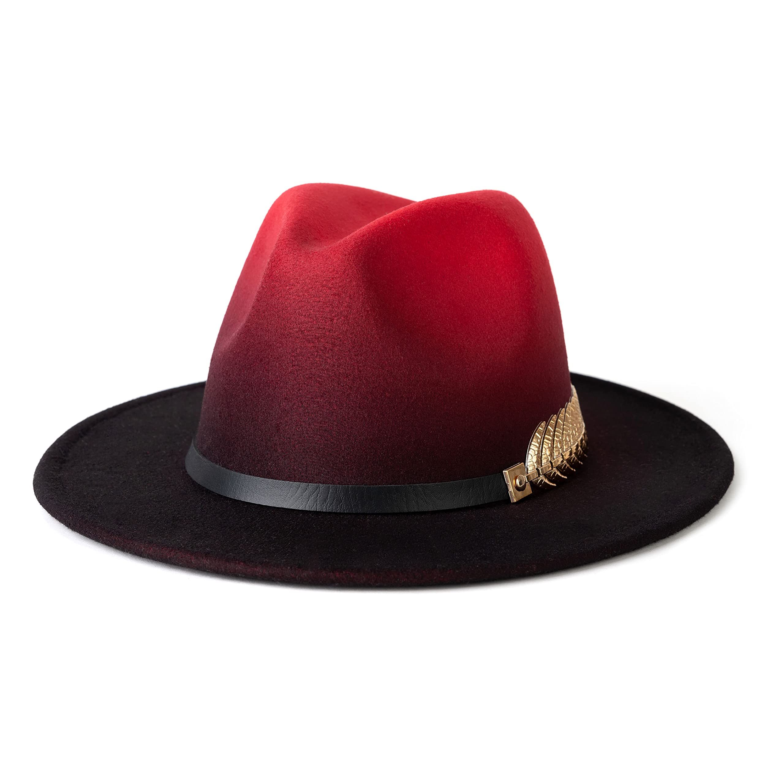 Gossifan Women Gradient Color Fedora Wide Brim Felt Panama Hat with Belt Buckle Red/Black