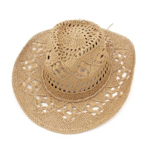 GEMVIE Men & Women's Summer Cowboy Cowgirl Straw Hat Hollow Out Style Roll Up Brim Cowboy Sun Hat Coffee