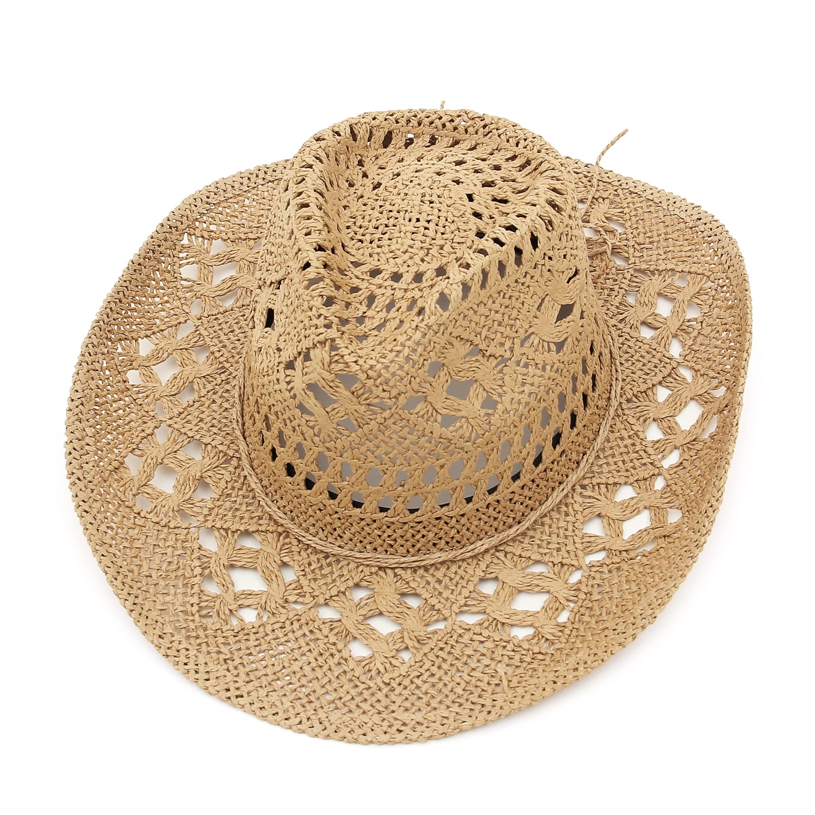 GEMVIE Men & Women's Summer Cowboy Cowgirl Straw Hat Hollow Out Style Roll Up Brim Cowboy Sun Hat Coffee