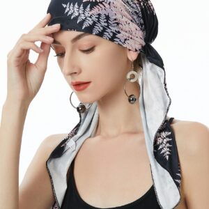 ZLYC Chemo Headwear Pre Tied Head Scarf Headwraps Lightweight Turban Beanie Cap for Women (Leaves Pink Black)