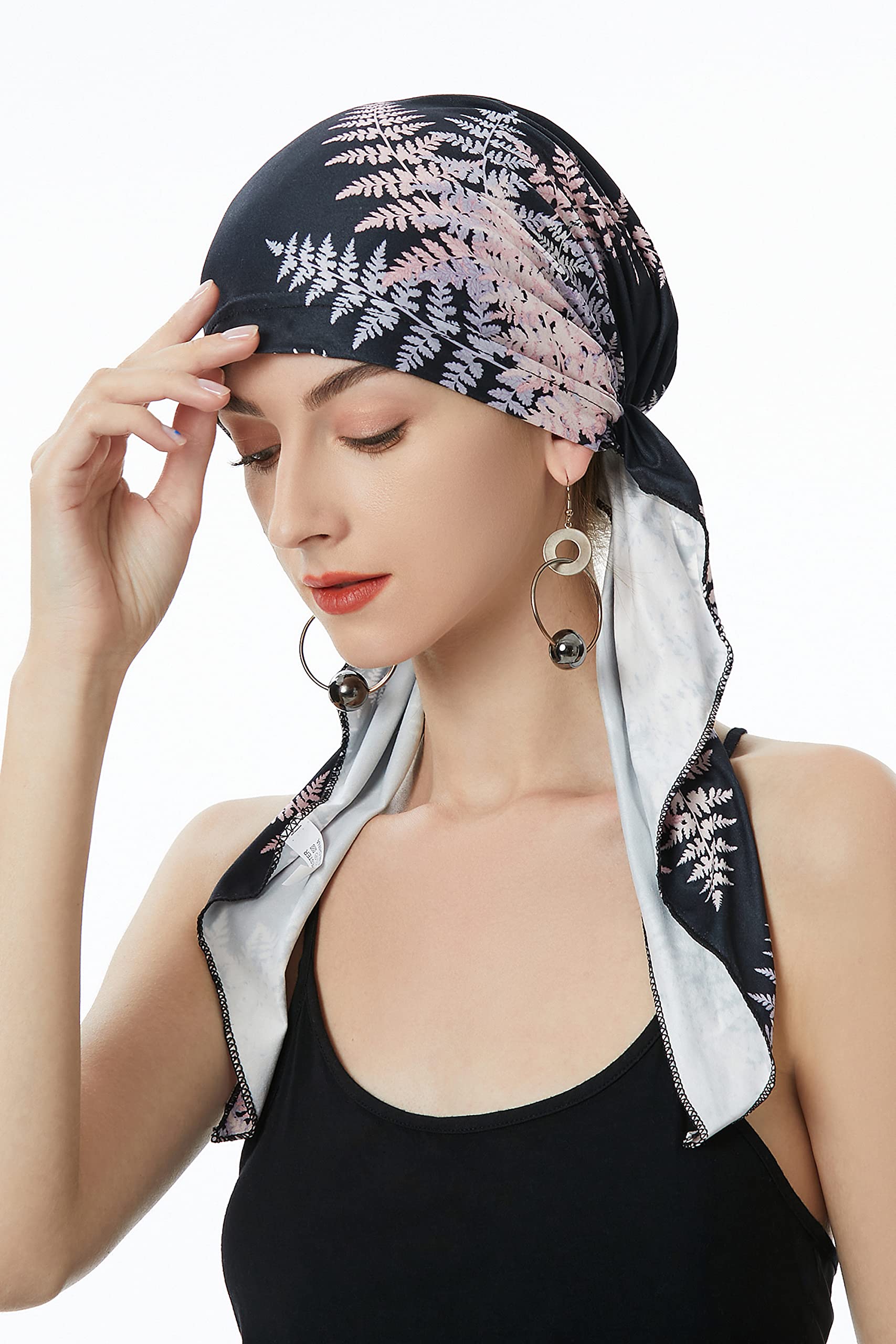 ZLYC Chemo Headwear Pre Tied Head Scarf Headwraps Lightweight Turban Beanie Cap for Women (Leaves Pink Black)