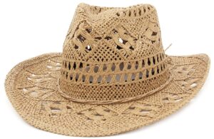 gemvie men & women's summer cowboy cowgirl straw hat hollow out style roll up brim cowboy sun hat coffee