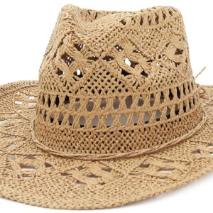 GEMVIE Men & Women's Summer Cowboy Cowgirl Straw Hat Hollow Out Style Roll Up Brim Cowboy Sun Hat Coffee