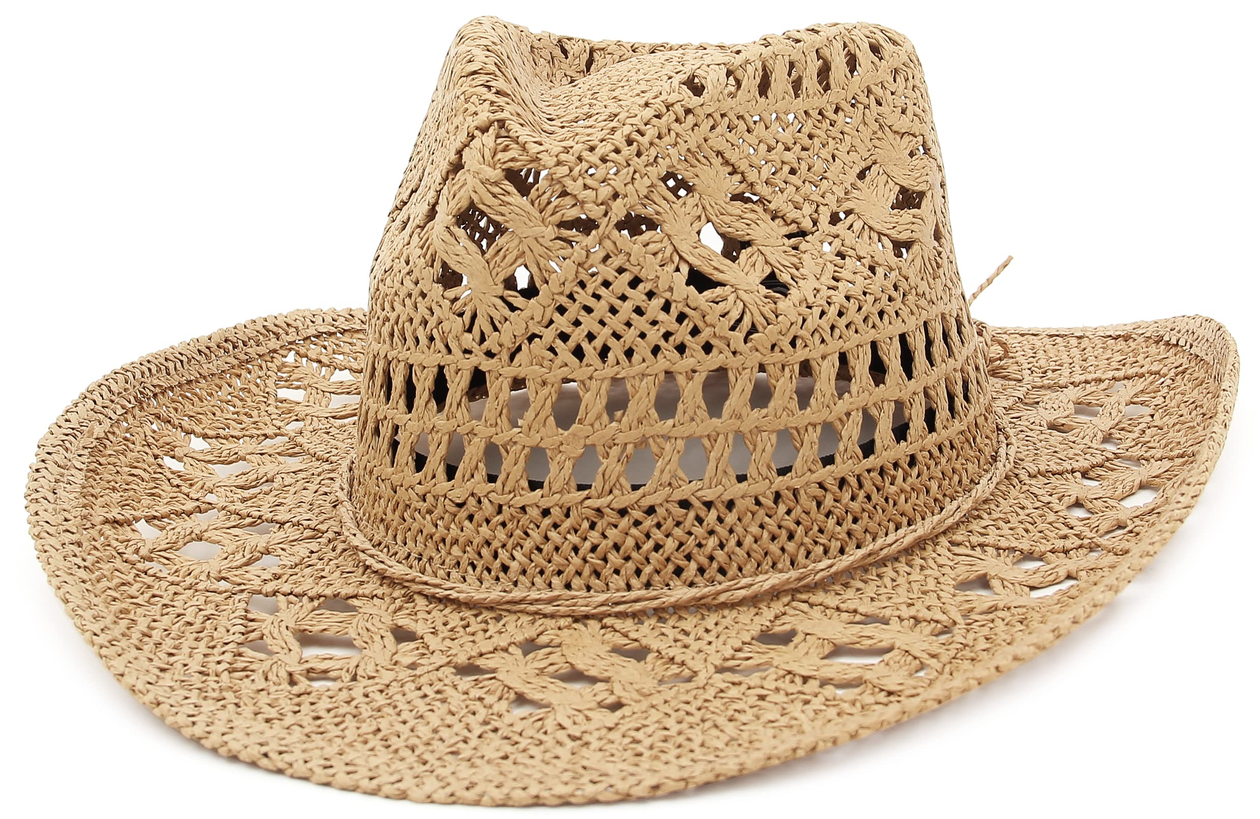 GEMVIE Men & Women's Summer Cowboy Cowgirl Straw Hat Hollow Out Style Roll Up Brim Cowboy Sun Hat Coffee