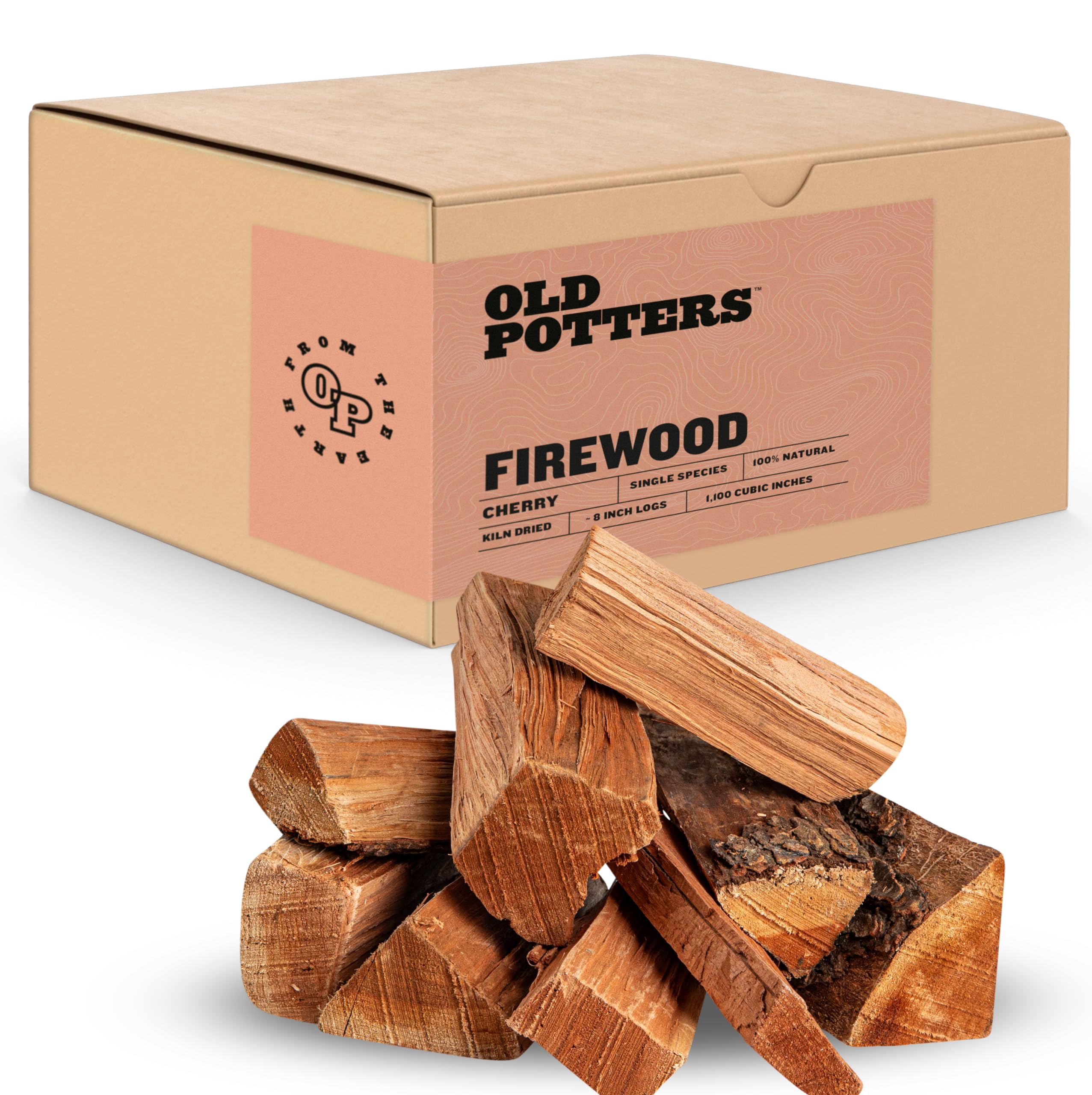 Old Potters Kiln Dried Firewood - Cherry, 1100 Cu. in, 16-18 Logs ~ 8" x 2.5" Logs. Solo Stove and Cooking Wood for Grilling, Smoking, and Firepits, Cherry.