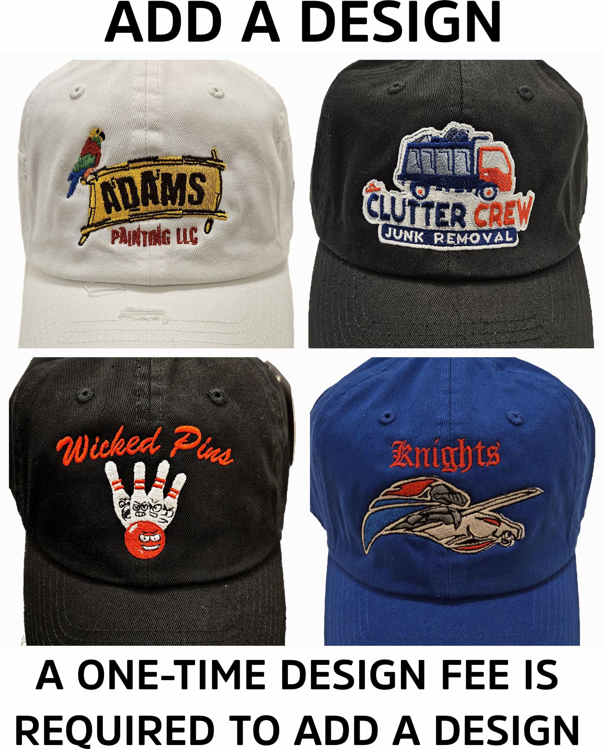 Custom Embroidered Hats Baseball Caps, Trucker, Flexfit, Fitted, Ponytail, Beanies, Kids, Bucket Front & Back (Dad Hat -Black)