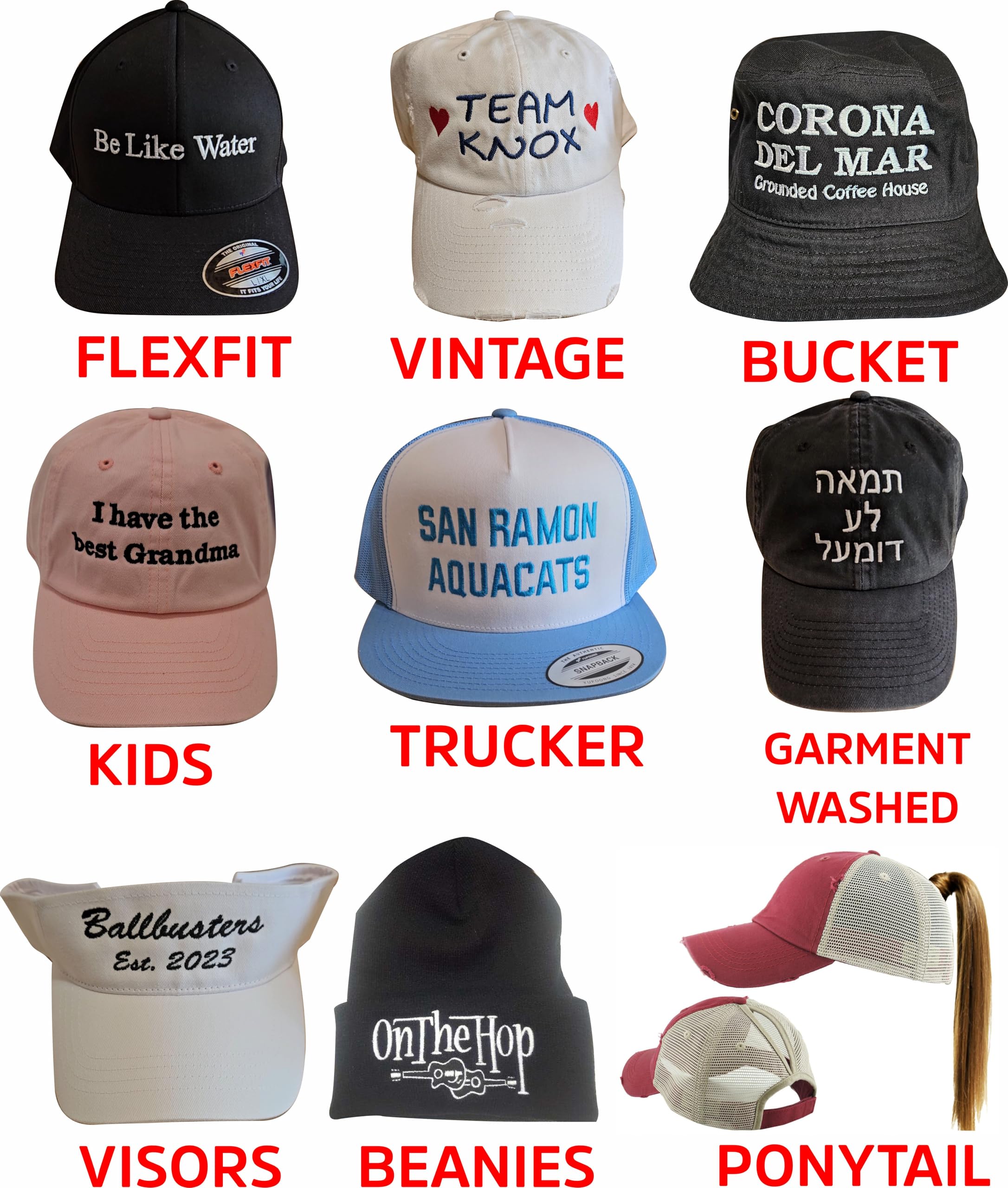 Custom Embroidered Hats Baseball Caps, Trucker, Flexfit, Fitted, Ponytail, Beanies, Kids, Bucket Front & Back (Dad Hat -Black)