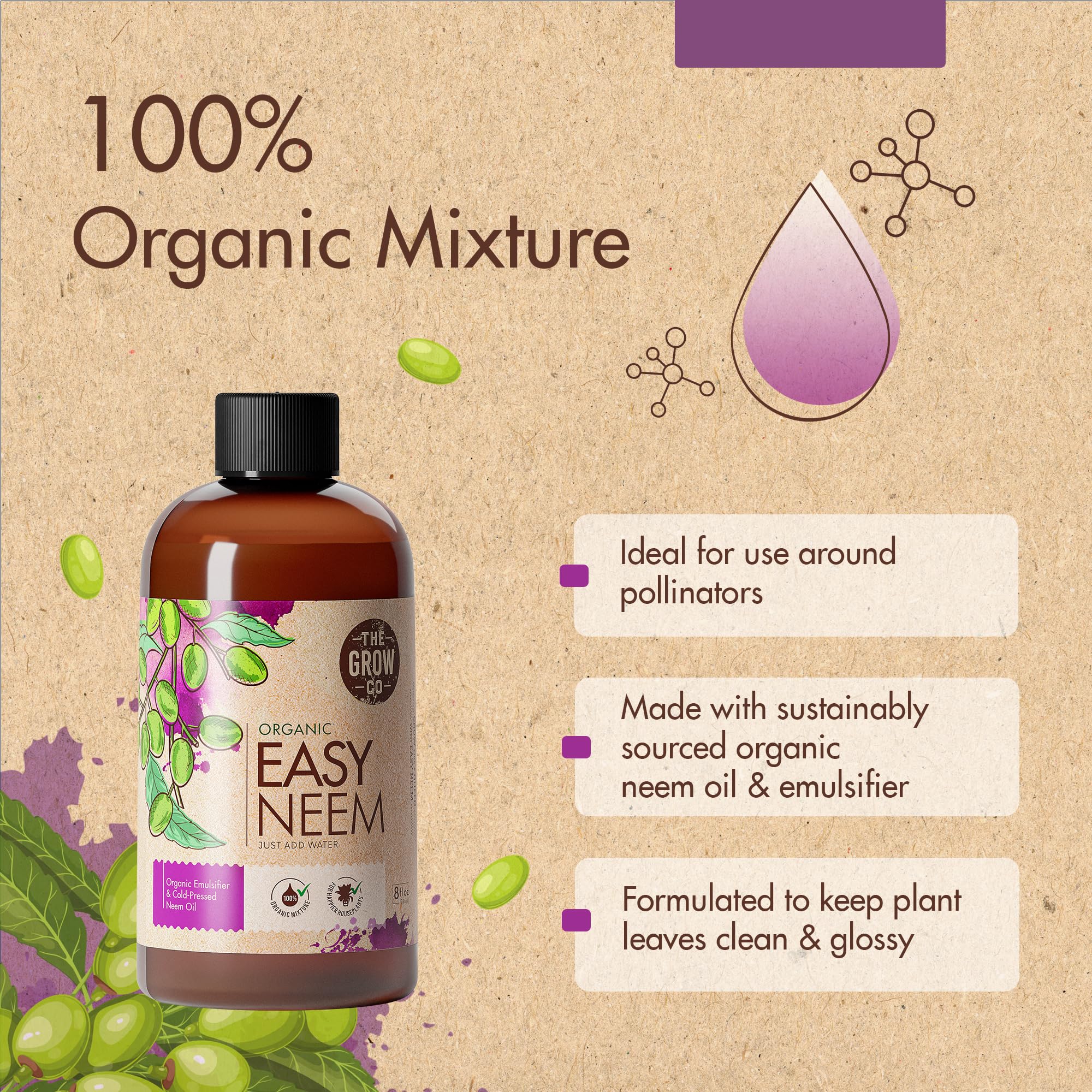 Organic Neem Oil for Plants, Cold Pressed Neem Oil Extract from Neem Plant, Water Soluble Pre-Emulsified Neem Oil Spray for Indoor Plants & Outdoor Plants, Neem Spray for Shiny Plant Leaves, 8 fl. oz.