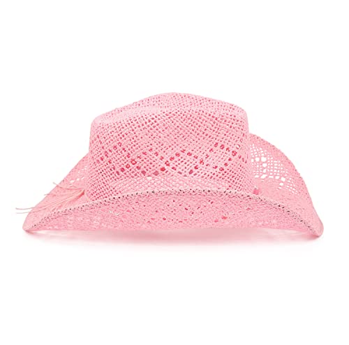 TOVOSO Straw Cowboy Hat for Women with Beaded Trim and Shapeable Brim, T52 Light Pink