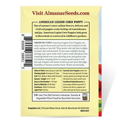 The Old Farmer's Almanac Poppy Seeds (American Legion) - Approx 5000 Flower Seeds - Premium Non-GMO, Open Pollinated, USA Origin