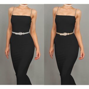 Glamorstar 2 Pieces Metal Stretch Elastic Waist Belt Skinny Thin Belt for Women Dress Set 7-Gold Silver