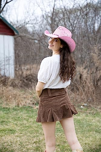 TOVOSO Straw Cowboy Hat for Women with Beaded Trim and Shapeable Brim, T52 Light Pink