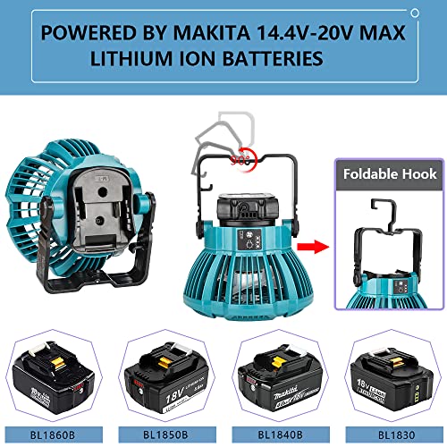 YEX-BUR for Makita Fan, for Makita Fans Portable 18v, Ceiling Tent Fan with Hanging Hook, Remote, 300LM LED Light Cordless Battery Operated Fan for Camping Car Repairing Emergency