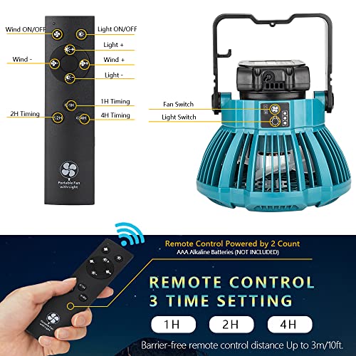 YEX-BUR for Makita Fan, for Makita Fans Portable 18v, Ceiling Tent Fan with Hanging Hook, Remote, 300LM LED Light Cordless Battery Operated Fan for Camping Car Repairing Emergency