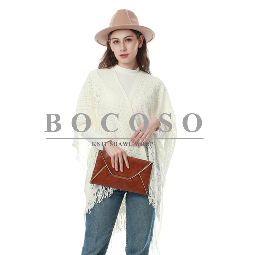 BOCOSO Knit Shawl Wraps Tassel Open Front Poncho Cape for Women, Ladies Fringed Knitted Cardigan White