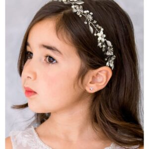 SWEETV Flower Girl Headpiece Pearl Silver Wedding Hair Accessories for Girls Flowers Headband Tiara for Birthday,party