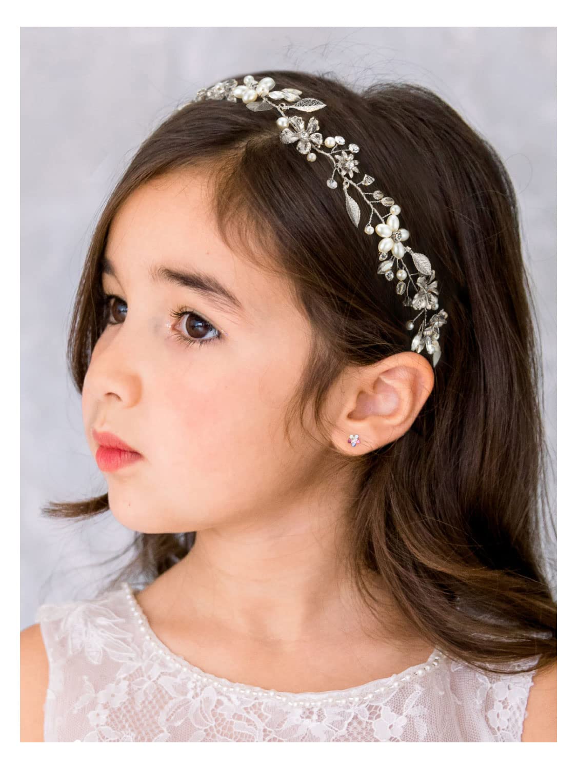 SWEETV Flower Girl Headpiece Pearl Silver Wedding Hair Accessories for Girls Flowers Headband Tiara for Birthday,party