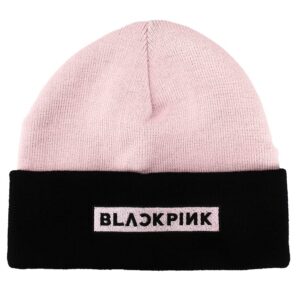 bioworld blackpink embroidered logo pink and black cuffed knitted beanie hat