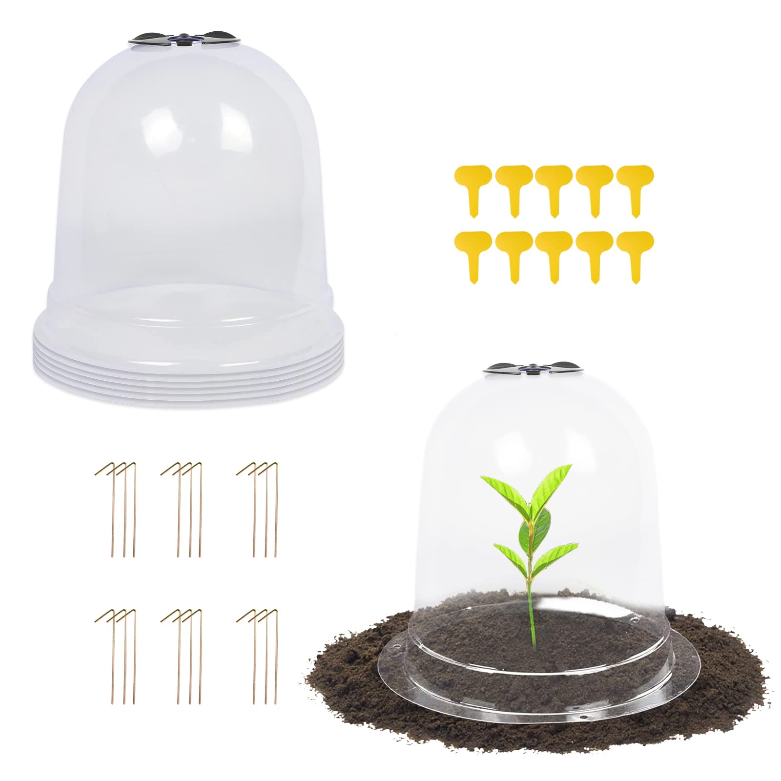 MorTime 6 Pack Garden Cloche Plant Dome, 7.3" D x 6.9" H Plastic Plant Bell Cover Reusable Mini Greenhouse with 18 Ground Securing Pegs & 10 Plant Labels for Outdoors Frost Freeze Protection