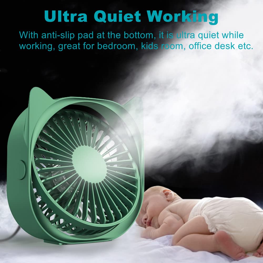 Small Personal USB Desk Fan - Mini Cute Desk Fans Ultra-Quiet USB Powered 3 Speeds Strong Wind Little Portable Table Fans for Home Bedroom Nightstand Office Desktop Dorm (Green)