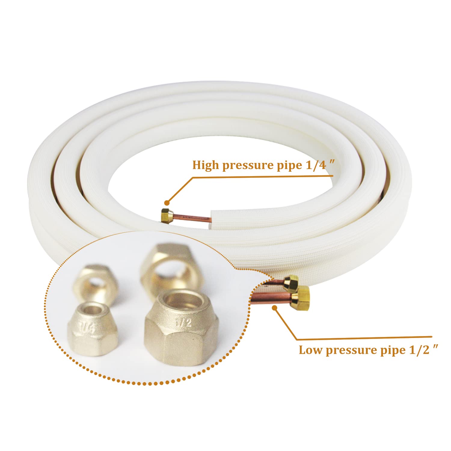 50 Ft Air Conditioning Copper Tubing Pipe Extension, 1/4" 1/2" 3/8" PE Thickened for Mini Split AC and Heating Equipment Insulated Coil Line HVAC Refrigerant with Nuts (1/4" & 1/2"* 3/8" PE WITH NUTS)