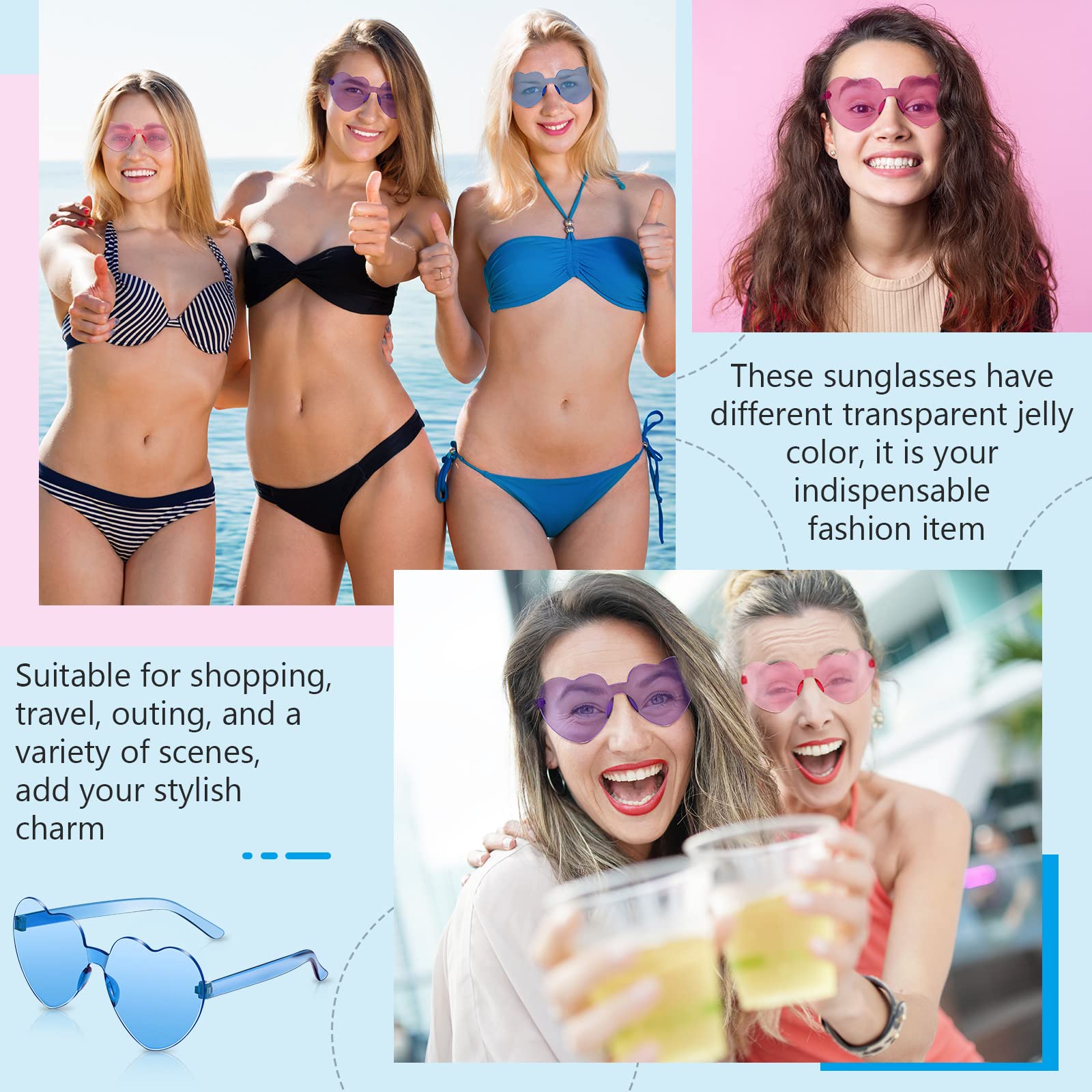 48 Pairs Heart Sunglasses Heart Shaped Frameless Glasses Trendy Candy Color Sunglass Eyewear for Bachelorette Party(Mixed Colors)