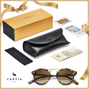 CARFIA Small Acetate Polarized Sunglasses for Women UV Protection, Retro Double Bridge Eyewear Metal Brow Round Sunnies