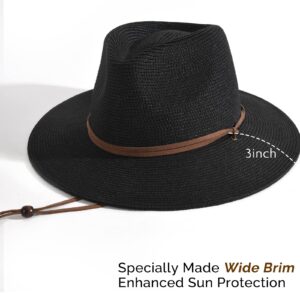 FURTALK Womens Summer Straw Sun Hats Wide Brim Panama Fedora Beach Hat with Wind Lanyard UPF 80+ Black