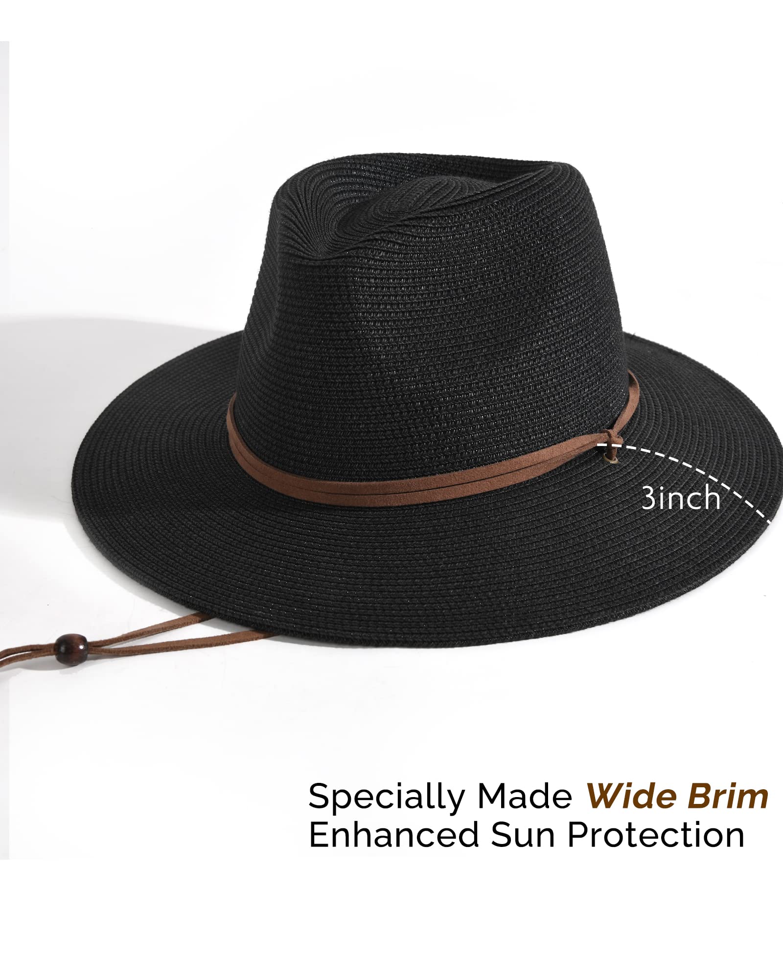 FURTALK Womens Summer Straw Sun Hats Wide Brim Panama Fedora Beach Hat with Wind Lanyard UPF 80+ Black