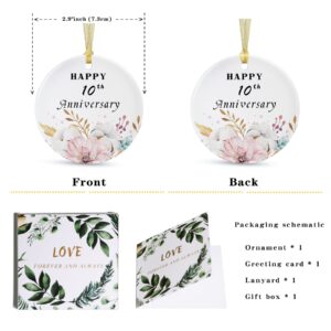 SIABERTERL Happy 10th Anniversary Ornament 2024 Hanging,10th for Couple,Anniversary Ceramic Ornament for Decorating Home Wedding Parents Gift, Anniversary Collectible Holiday Keepsake(2.9'')