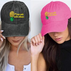 Embroidered Plays Well with Others Baseball Hat Upside Down Pineapple Denim Hat Adjustable Embroidery Baseball Cap Pink