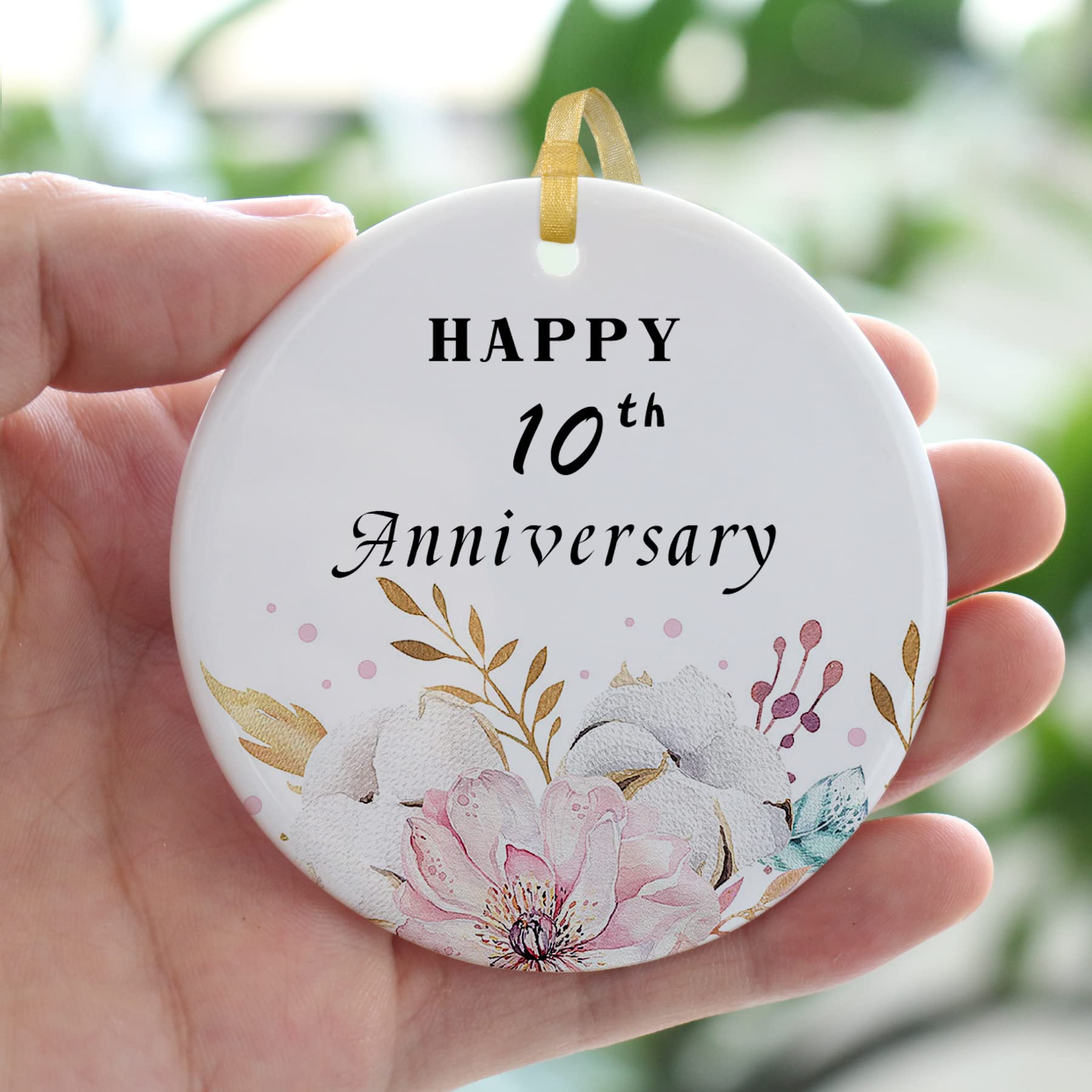 SIABERTERL Happy 10th Anniversary Ornament 2024 Hanging,10th for Couple,Anniversary Ceramic Ornament for Decorating Home Wedding Parents Gift, Anniversary Collectible Holiday Keepsake(2.9'')