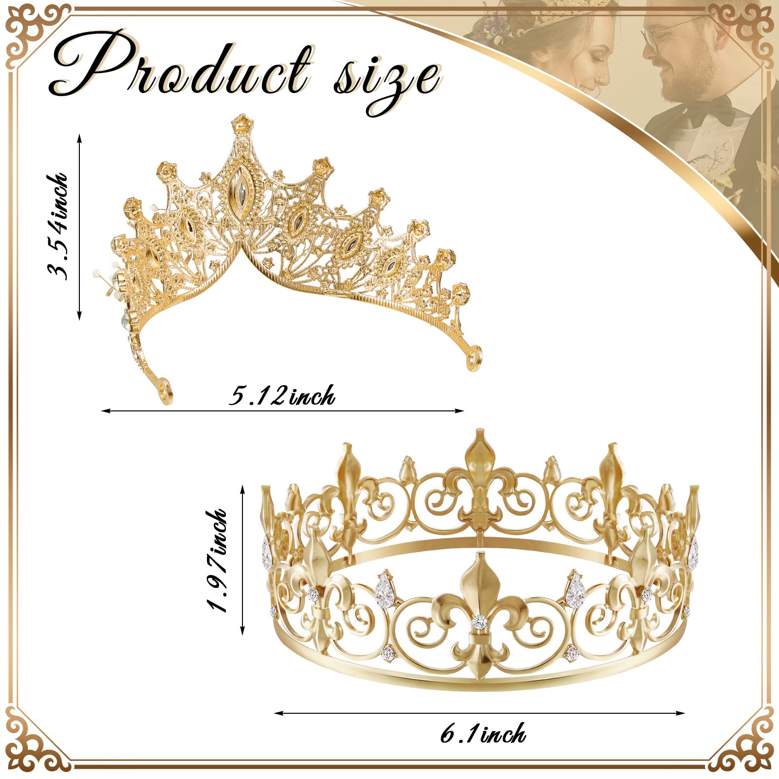 Junkin 2 Pcs Crowns for Men Women Baroque Queen Crown King Prince Tiara Princess Crystal Headband Rhinestone Prom Party(Gold)