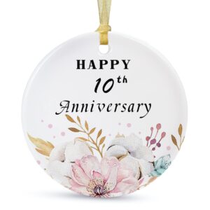 SIABERTERL Happy 10th Anniversary Ornament 2024 Hanging,10th for Couple,Anniversary Ceramic Ornament for Decorating Home Wedding Parents Gift, Anniversary Collectible Holiday Keepsake(2.9'')