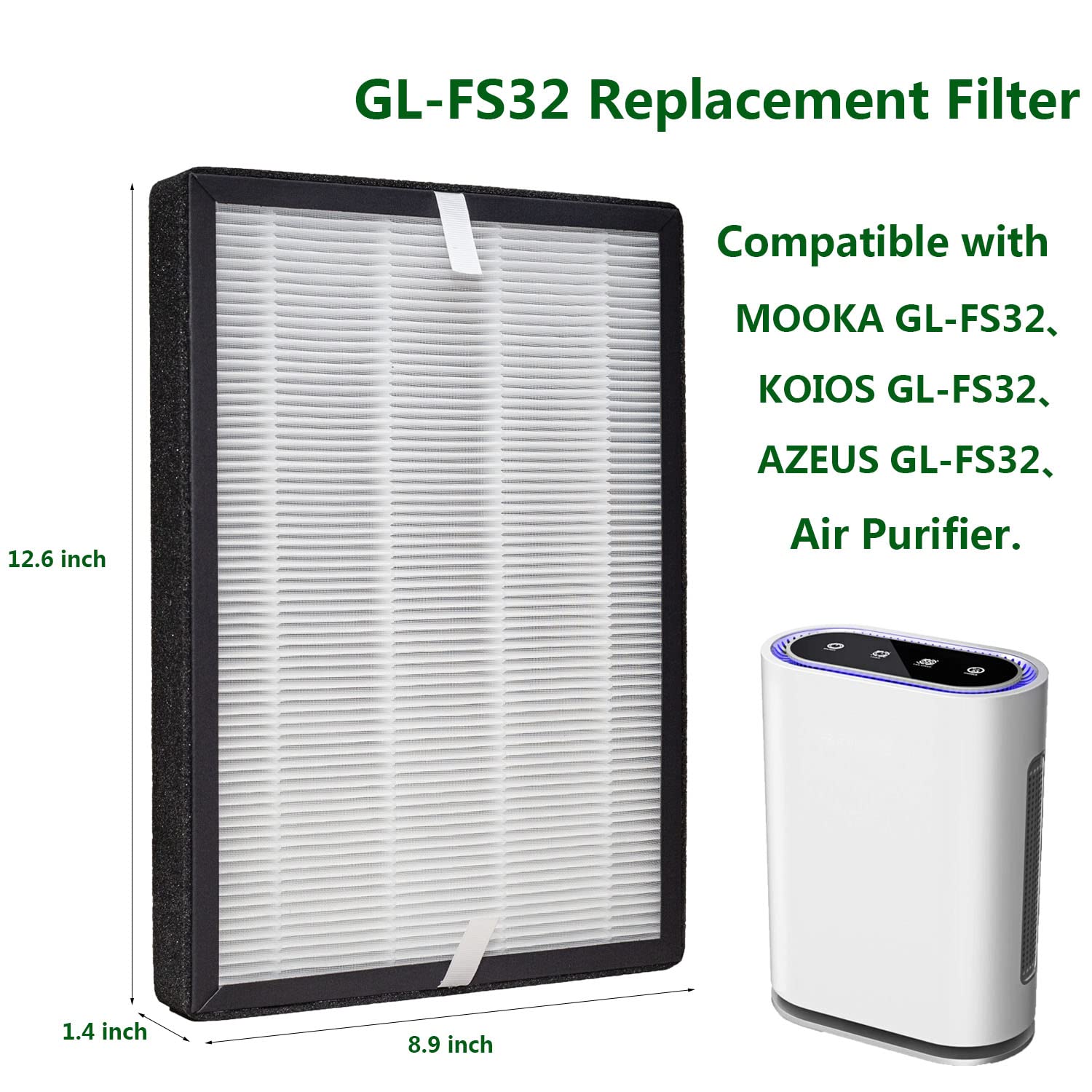 Nyingchi GL-FS32 Replacement Filter, Compatible with MOOKA®/KOIOS GL-FS32 and Azeus GL-FS32 Air Purifier, H13 True HEPA 3-in-1 Activated Carbon Filtration System,2 Pack