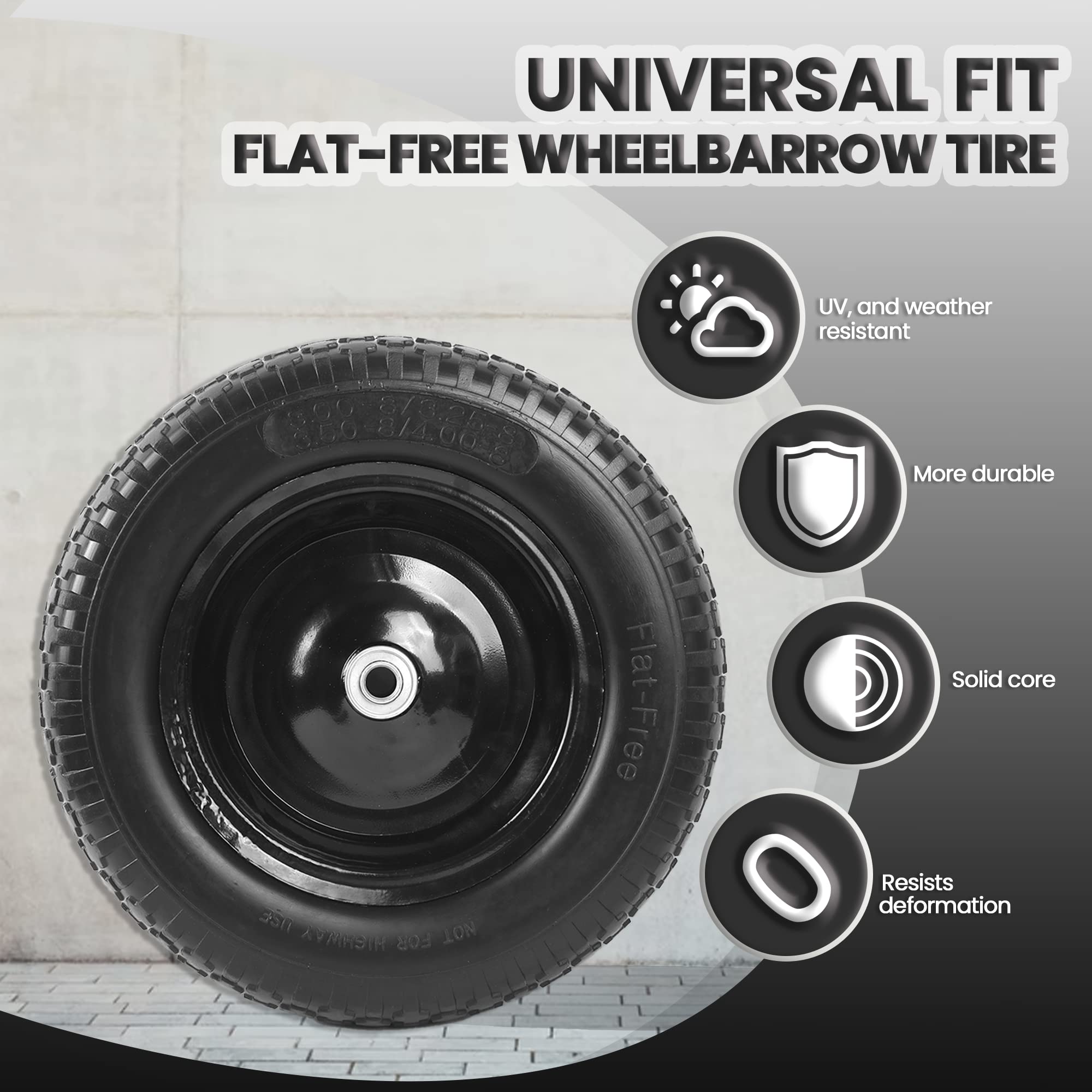 AR-PRO 4.80/4.00-8" Flat Free Tire and Wheel - 14.5" Solid Wheelbarrow Tires with 3" -7" Centered Hub and 5/8" Extra 3/4"Bearings - Universal for 4.80-8 4.00-8 4.00-6 3.50/3.00-8 Wheelbarrow Wheels