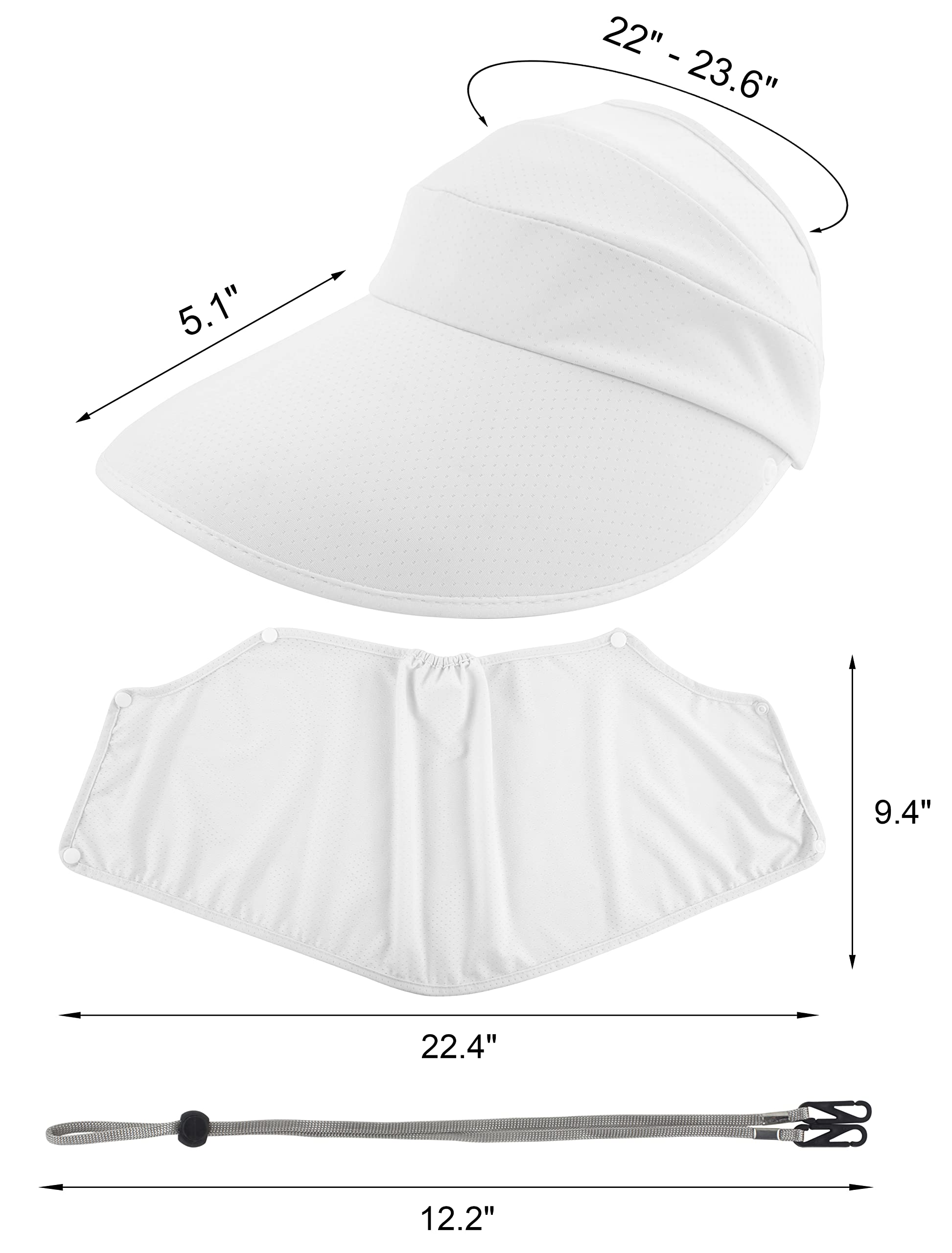 Muryobao Womens Baseball Sun Hat Outdoor Wide Brim UV Protection Foldable Ponytail Mesh Summer Visor Cap with Removable Neck Face Flap for Garden Beach Travel White