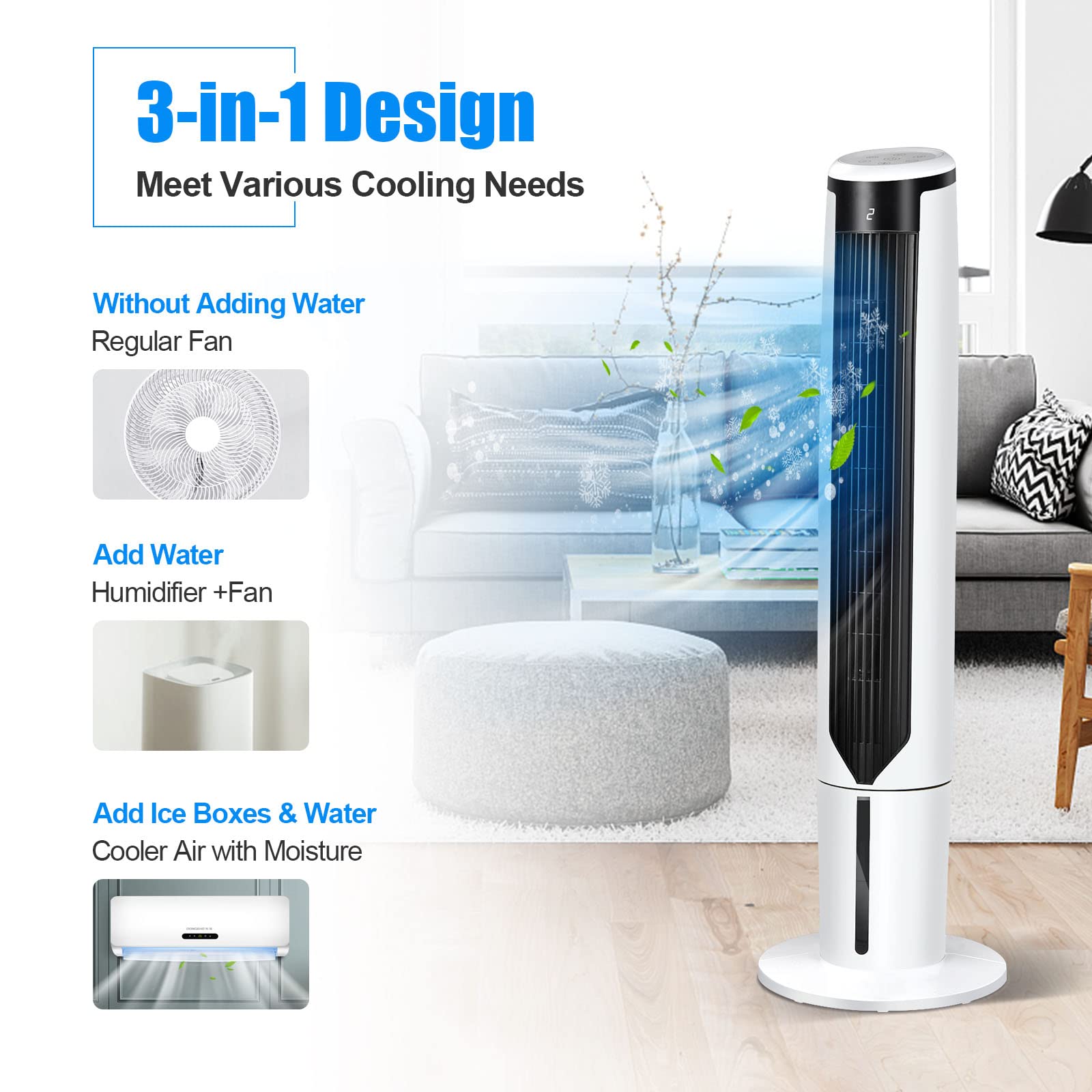 GOFLAME 41" Evaporative Air Cooler Portable, 3-IN-1 Oscillating Tower Fan with Remote Control, 3 Wind Speeds and 3 Modes, Bladeless Air Cooling Fan with LED Display and 9H Timer for Living Room Office