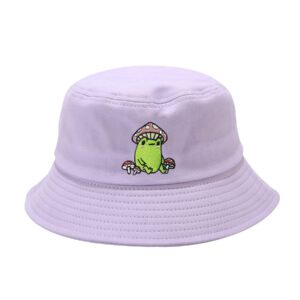 enodtter embroidered frog with mushroom bucket hat for women girl men kids, light purple embroidery beach hat outdoor summer travel fisherman cap