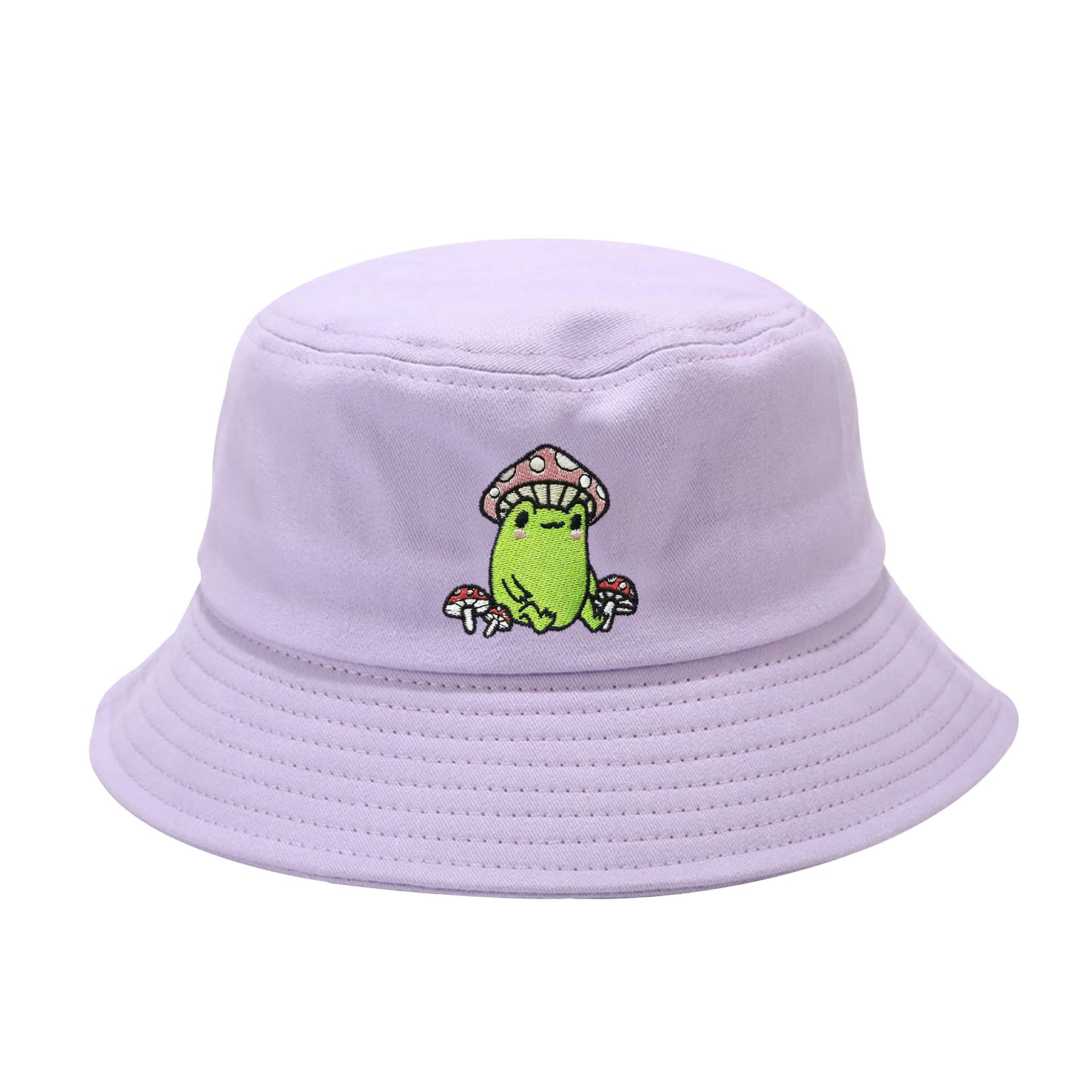 Enodtter Embroidered Frog with Mushroom Bucket Hat for Women Girl Men Kids, Light Purple Embroidery Beach Hat Outdoor Summer Travel Fisherman Cap