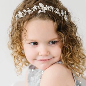 SWEETV Flower Girl Headpiece Pearl Silver Wedding Hair Accessories for Girls Flowers Headband Tiara for Birthday,party