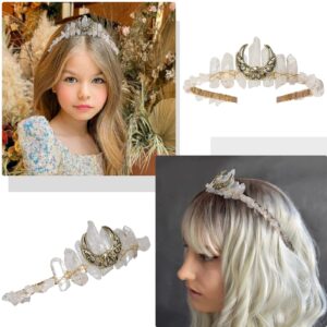 AWAYTR Moon Fairy Raw Crystal Crown - Goddess Quartz Crown Headpiece for Cosplay Wedding Party Photo Shoot Mermaid Headband Tiara for Women and Girls(White Crystal+Moon)