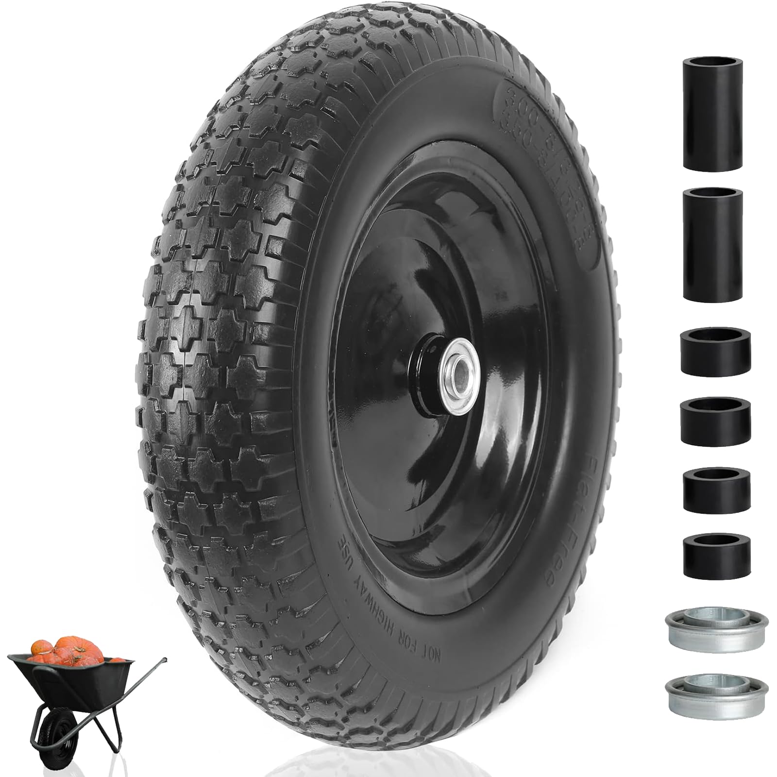 AR-PRO 4.80/4.00-8" Flat Free Tire and Wheel - 14.5" Solid Wheelbarrow Tires with 3" -7" Centered Hub and 5/8" Extra 3/4"Bearings - Universal for 4.80-8 4.00-8 4.00-6 3.50/3.00-8 Wheelbarrow Wheels