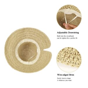 Floppy Straw Sun Hat Foldable Packable Wide Brim Summer Beach Hat Crochet Bucket Hat with Bow for Women (B Beige)