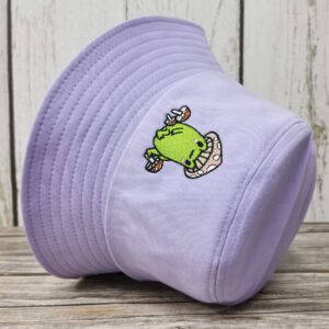 Enodtter Embroidered Frog with Mushroom Bucket Hat for Women Girl Men Kids, Light Purple Embroidery Beach Hat Outdoor Summer Travel Fisherman Cap